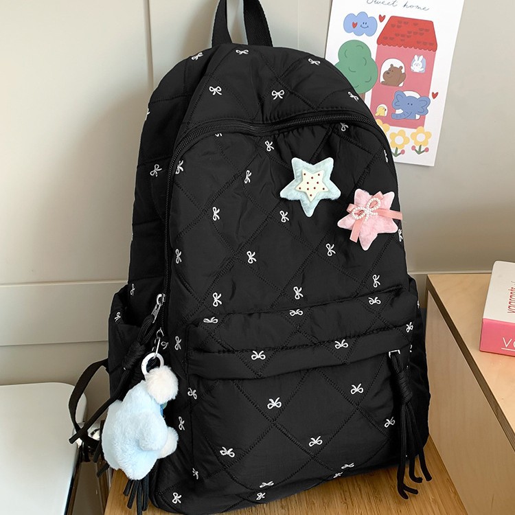 Cute schoolbag, large-capacity backpack, girl's backpack, cotton-padded jacket bag, diamond-shaped embroidered bow, student backpack Application Scenario
