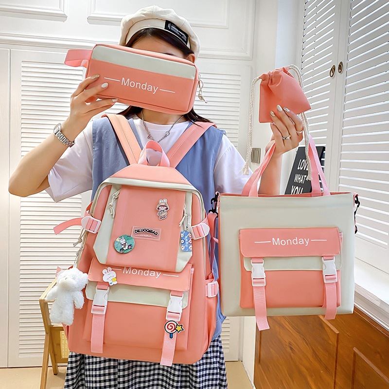 Four-piece schoolbag set: Girls' forest-style versatile backpack, handbag for primary school students, fashionable color-blocking large-capacity junior high school backpack details Picture