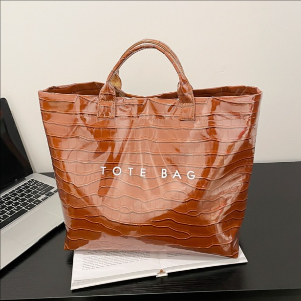 Cross-border 2025 New bright letter jelly color large-capacity tote bag, a fashionable and versatile handbag with crocodile pattern for women full figure