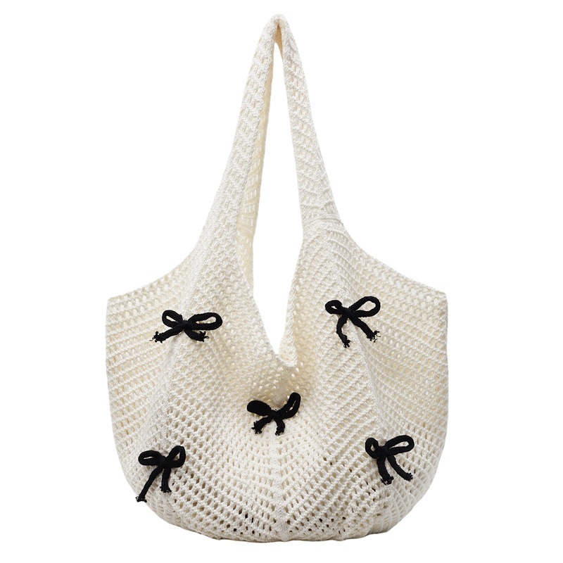 Lazy style large-capacity knitted tote bag for women, casual and versatile, bow niche woven bag, beach bag Item Picture