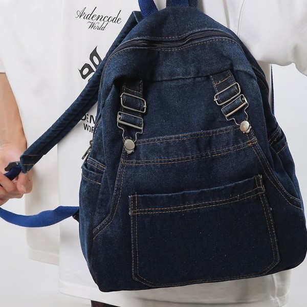 Japanese-style denim backpack for women, large-capacity schoolbag, simple solid color, stylish casual travel backpack Specification drawing