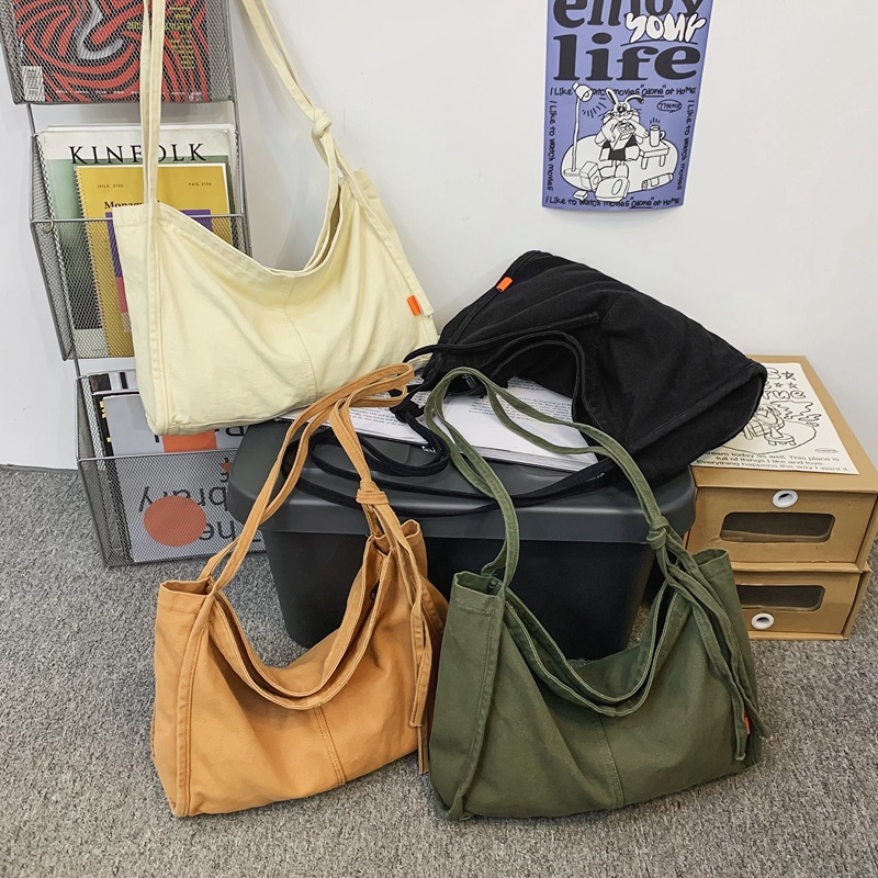 Crossbody bag, Korean-style casual washed canvas bag for women, Spring 2023 new postman bag, tote bag for college students' classes Specification drawing
