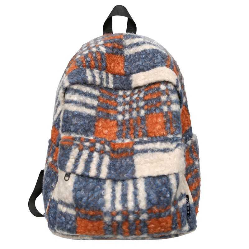 Autumn and winter retro checkered plush schoolbag for girls, Japanese style Instagram simple student backpack, versatile backpack for girls to travel Item Picture