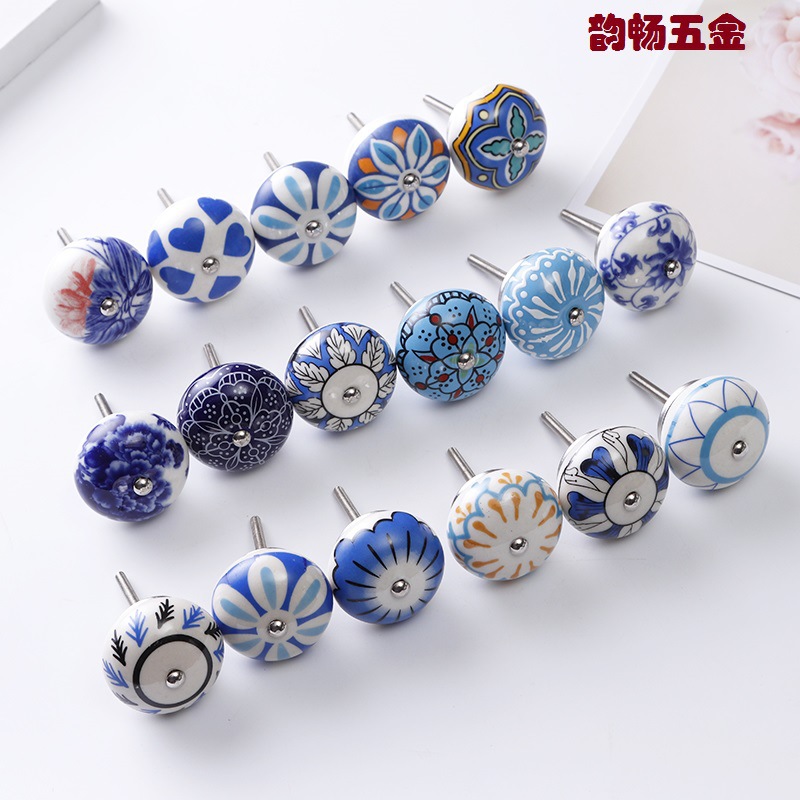 Yunchang round ceramic handle, modern furniture cabinet drawer printed ceramic handle, 40MM diameter, European style full figure