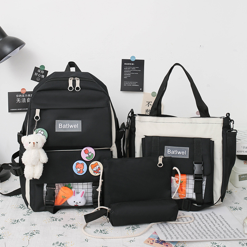 New Korean-style, fresh and color-blocking canvas backpack set for girls in stock, designed for middle school girls full figure