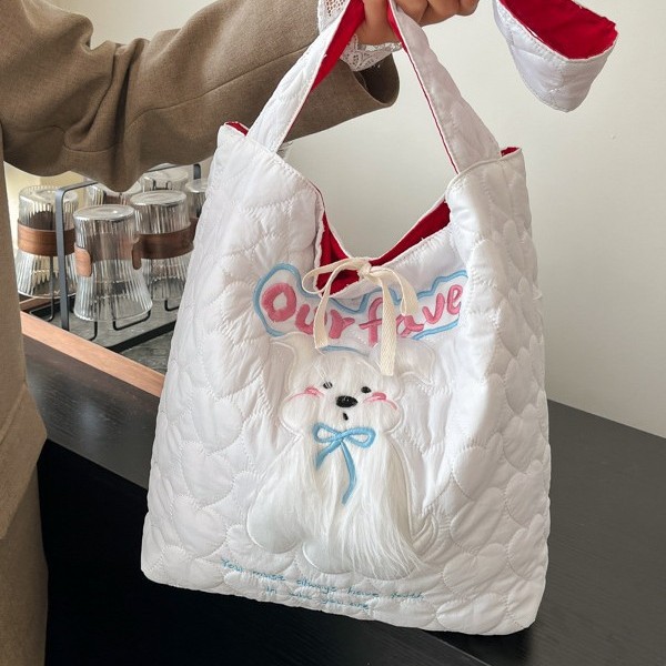 Cute plush puppy single-shoulder bag for girls, autumn and winter color-blocking nylon fabric bag, large-capacity crossbody bag, student class bag details Picture