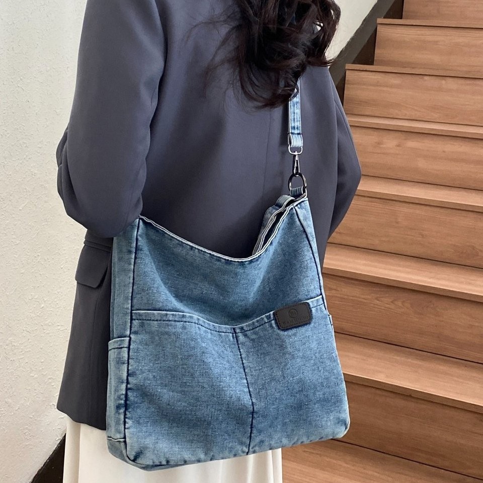 New large-capacity casual bag, women's trendy denim flash tote bag, solid color, lightweight, waterproof, multi-purpose backpack Specification drawing