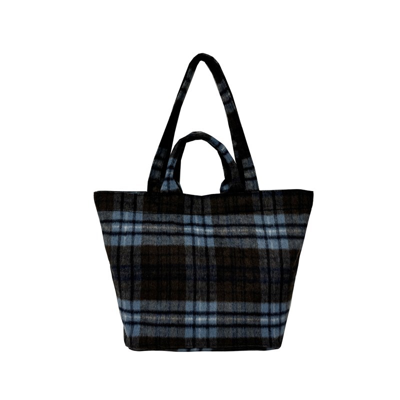 New simple and large-capacity hand-held tote bag, versatile commuting shoulder bag, checkered woolen fabric versatile bag for autumn and winter Item Picture