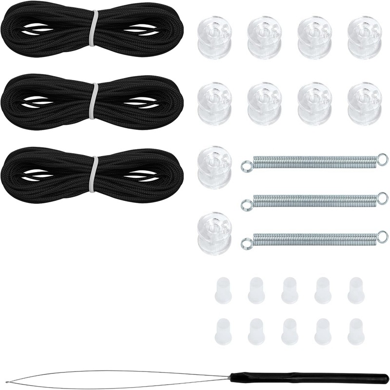 4 rolls of 6-meter small pull rope, 3 springs, 10 pulleys, 10 plugs, 1 rope threading device, and honeycomb curtain full figure