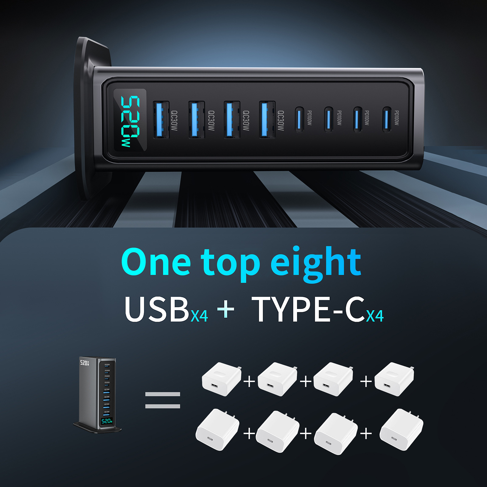 Cross-border private model bestseller: High-end 520W gallium nitride charger Fast charging head, 8-port desktop charging station, AI digital display details Picture