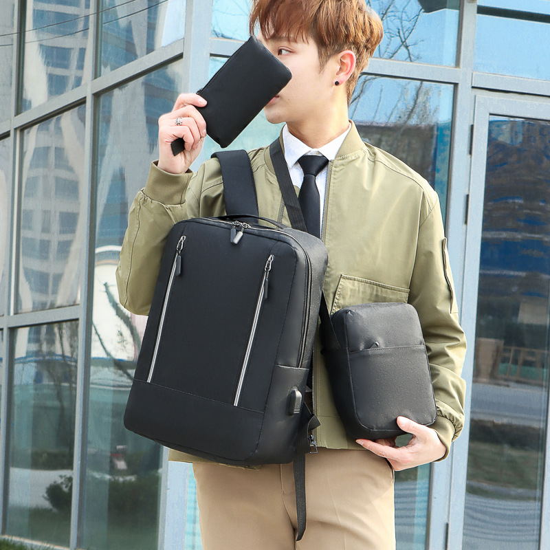 Simple and lightweight business backpack three-piece set, trendy and versatile, large-capacity men's backpack, college students' casual schoolbag Application Scenario
