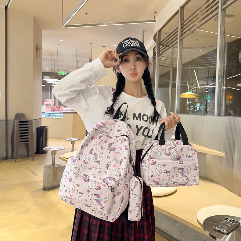Wholesale of 2025 new backpack printed graffiti multi-piece set, lightweight and large-capacity backpack for middle school students Specification drawing