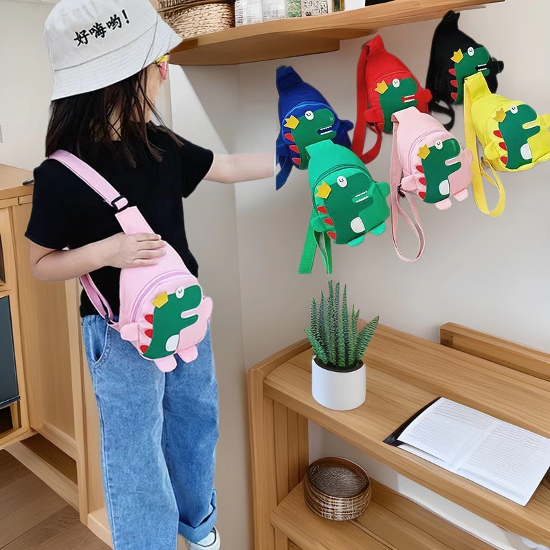2025 New autumn and winter cartoon cute little dinosaur chest bag, nylon fabric children's crossbody bag, personalized and trendy single-shoulder bag full figure
