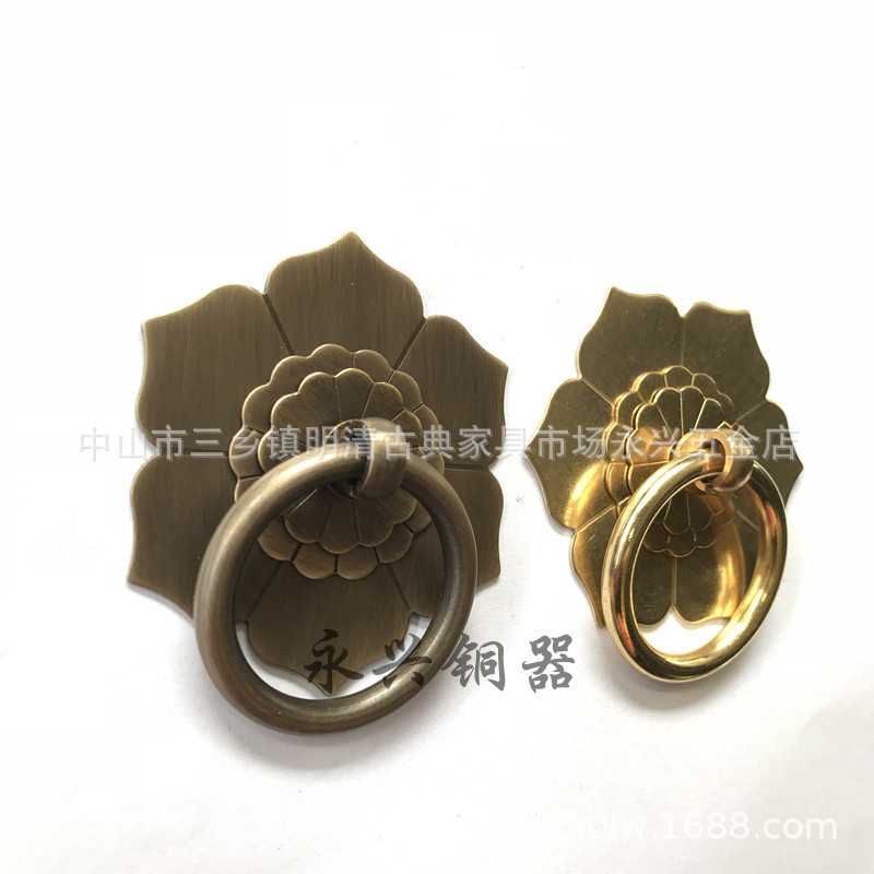 Chinese-style retro brass drawer handle, hot pot copper round ring handle, cabinet door handle, classical hexagonal copper handle full figure