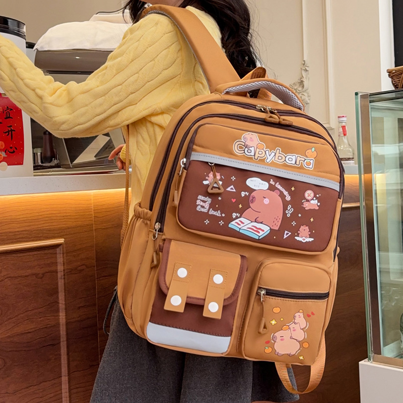 Cute Capibara student backpack, large-capacity class bag, children's spine protection and burden reduction schoolbag, junior and senior high school schoolbag full figure