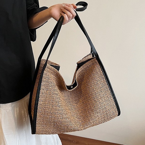 The new 2025 Korean-style casual high-end straw woven large-capacity tote bag for women is a versatile and high-quality single-shoulder bag for the summer trend season Specification drawing