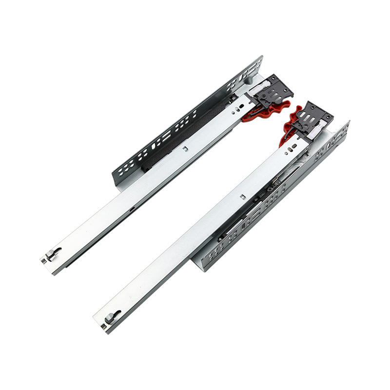 The new three-section bottom-mounted hidden slide rail for cabinet drawers is equipped with damping bottom rails and a press-rebounding concealed track Item Picture