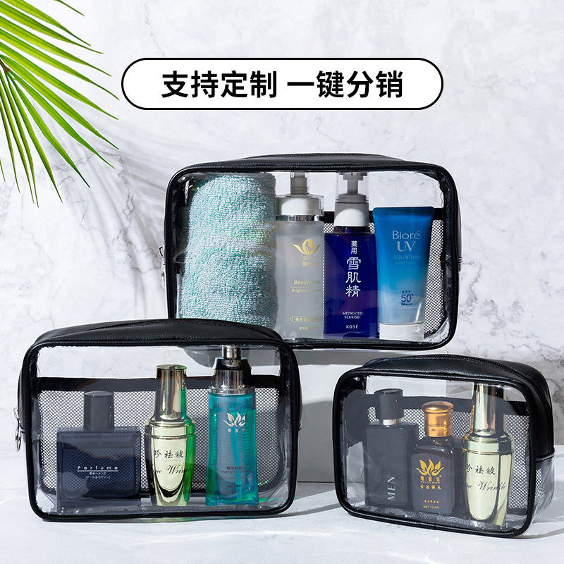 New pu transparent three-piece makeup storage bag, large-capacity bath bag, travel and business trip toiletry bag, factory direct sales details Picture
