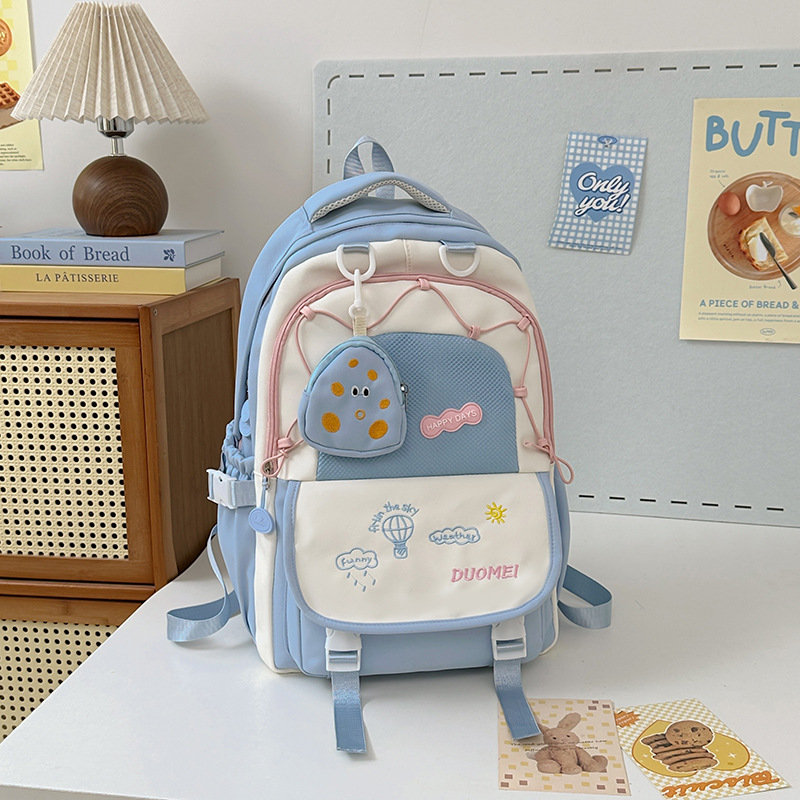 A new, cute, large-capacity, fresh and light Instagram backpack with a contrasting color school style for young girls. Spring outing schoolbag Specification drawing