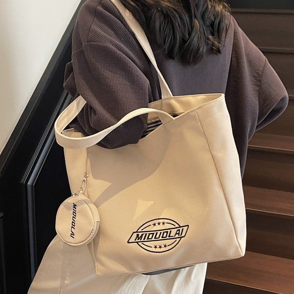 New embroidered canvas bag, versatile, thickened single-shoulder, large capacity, simple student commuting, hand-held tote bag for class, trendy Specification drawing