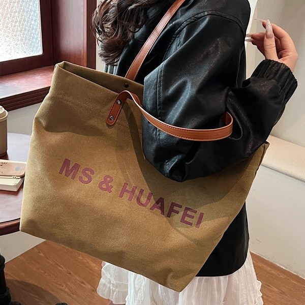 Large-capacity canvas tote bag for women, Spring 2025 new style contrasting color women's bag, letter print shoulder bag, underarm bag Specification drawing