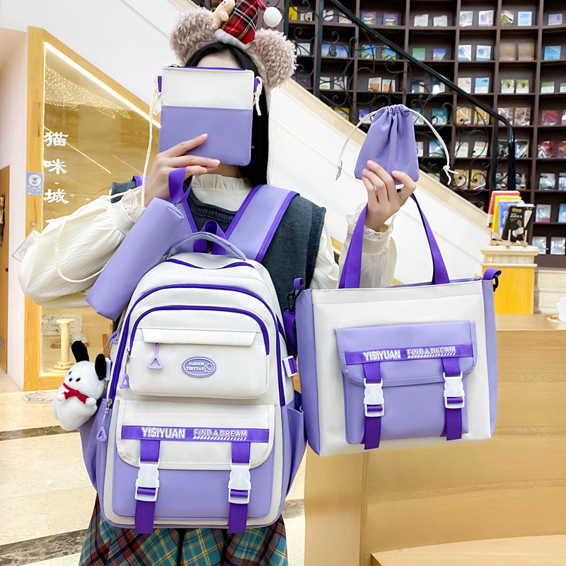 Cross-border supply five-piece schoolbag set, simple workwear for girls, large-capacity backpack for junior high school students, school-style casual backpack Specification drawing