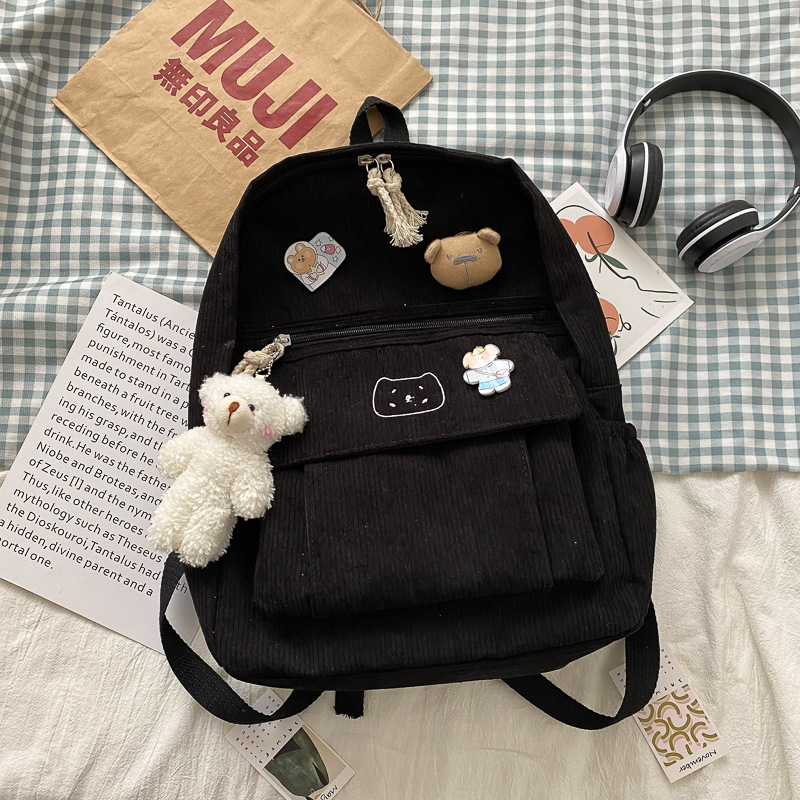 New versatile schoolbag for girls, Korean version, Harajuku High School college students, corduroy versatile corduroy, cute travel backpack details Picture