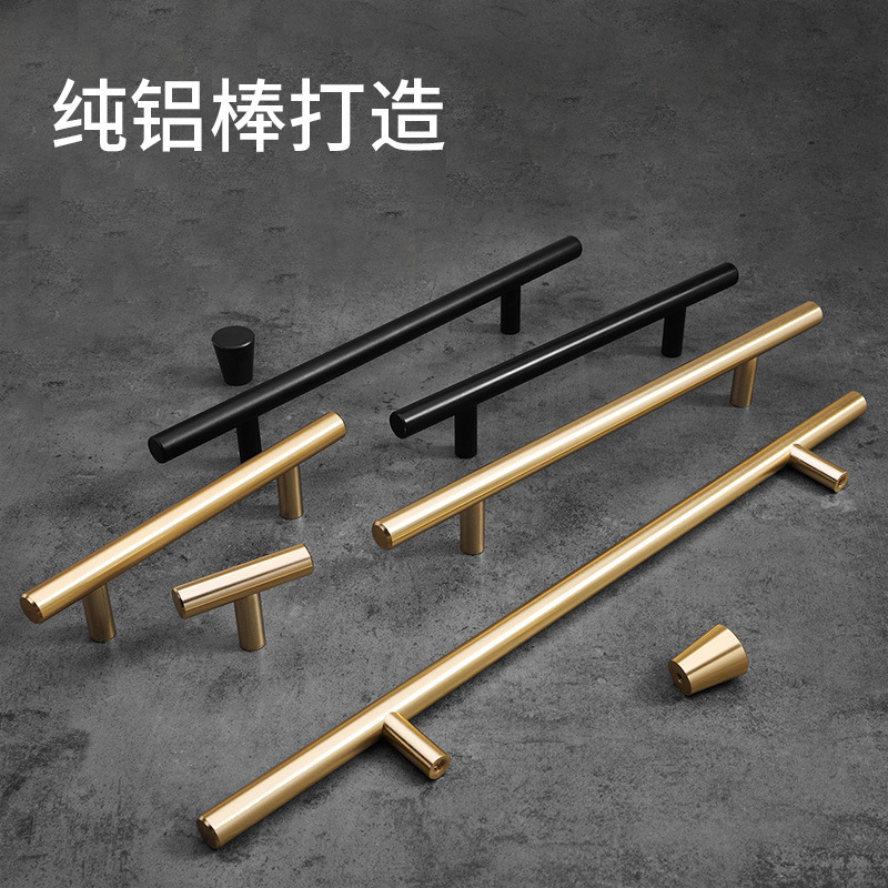 Nordic minimalist T-shaped single-hole golden extended handle solid aluminum material manufacturer for wardrobe, kitchen cabinet, bookcase and drawer handle details Picture