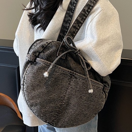 New washed denim single-shoulder bag for casual outings, large capacity, fresh small round bag, lace-up handbag, women's bag Application Scenario