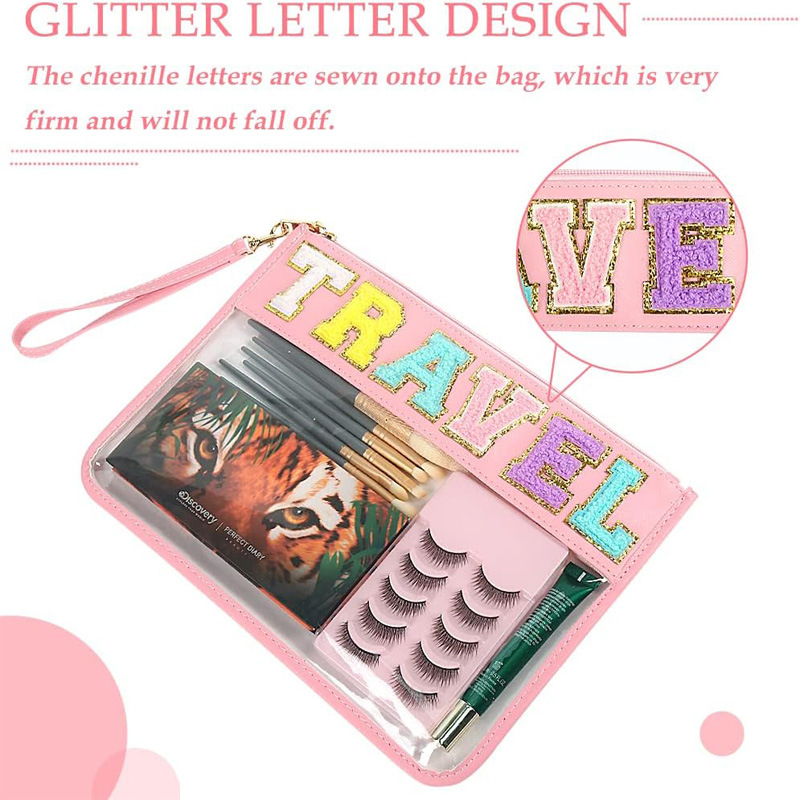 Amazon towel embroidered letter cosmetic bag, transparent pvc waterproof hand-held toiletry bag, portable zipper bag, large Specification drawing