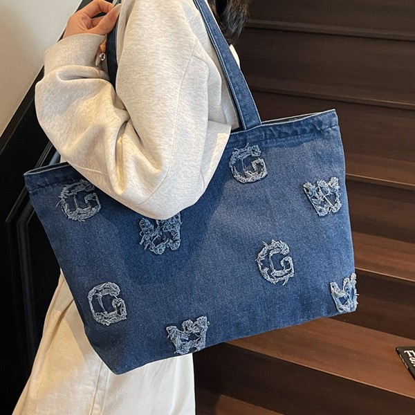 New letter denim canvas tote bag for spring and summer fashion, large-capacity hand-carry design single-shoulder bag Application Scenario