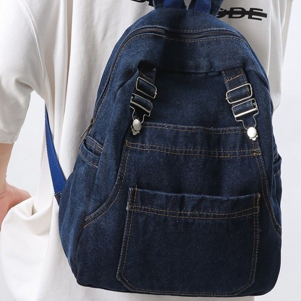 Japanese-style denim backpack for women, large-capacity schoolbag, simple solid color, stylish casual travel backpack details Picture
