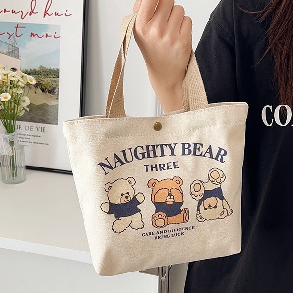 New bear canvas bag, cute lunch box for female students, hand-held bag, lunch bag for office workers, casual and versatile handbag details Picture