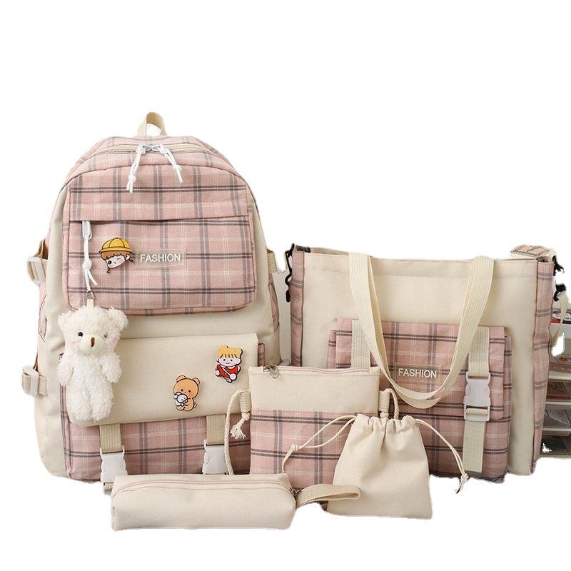 Japanese-style cute checkered canvas schoolbag for primary school students, Korean-style trendy backpack for girls, five-piece set, wholesale of backpacks Item Picture