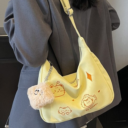 2025 Large-capacity cartoon-printed single-shoulder underarm handbag for girls, fashionable Japanese style, cute crossbody bag, dumpling bag Specification drawing