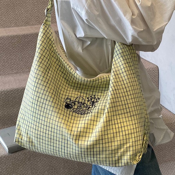 2025 New cute cartoon-embroidered little dog checkered school style single-shoulder canvas bag, large capacity lazy tote bag details Picture