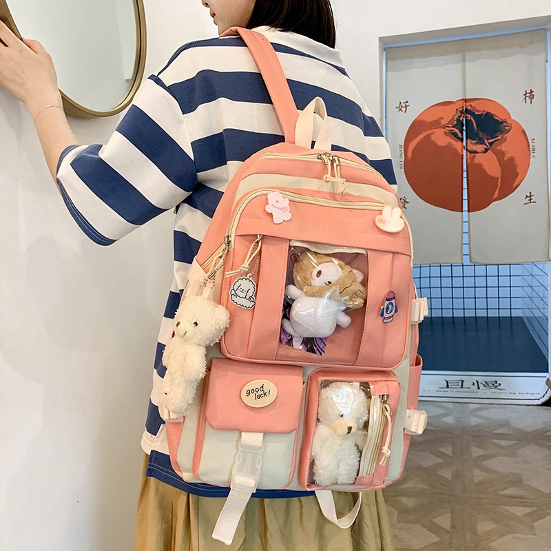 Korean style cute and versatile color-blocked canvas backpacks, 2022 new campus style color-blocking primary school students wholesale Specification drawing