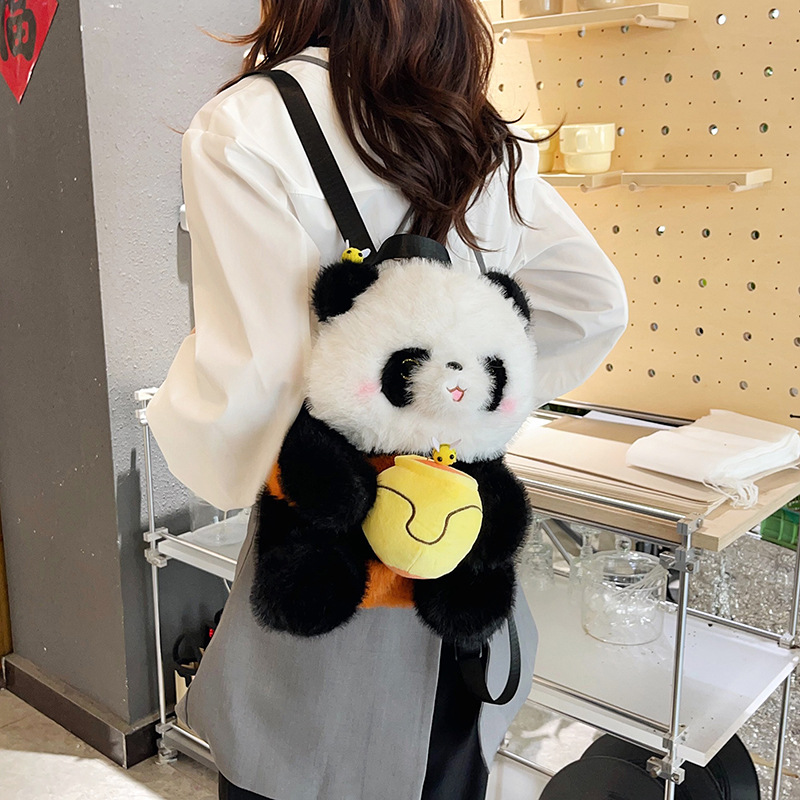 Cartoonson-style honey jar panda backpack, cute and soft, realistic panda plush toy children's backpack Specification drawing