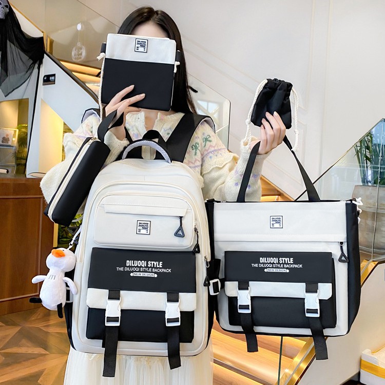 2025 New Korean version five-piece set, high appearance level, reduced burden, large capacity high school student backpack, school style, fashionable and versatile details Picture