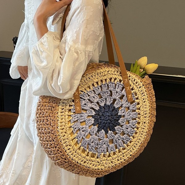 Super popular and stylish woven straw large-capacity women's 2025 new style seaside vacation beach single-shoulder tote bag Specification drawing
