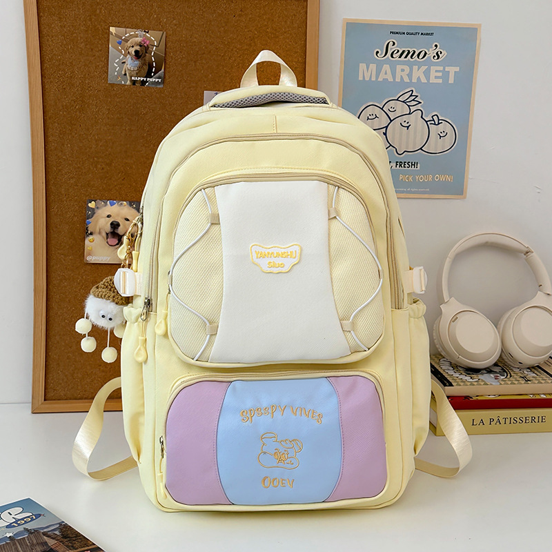 Teenage girl backpack, junior high school and senior high school schoolbag, cute waterproof Harajuku color-blocking backpack, spring outing and study tour bag Specification drawing