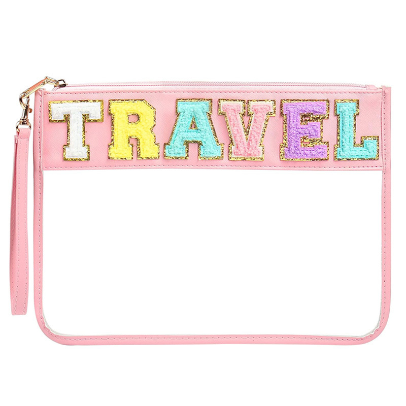 Amazon towel embroidered letter cosmetic bag, transparent pvc waterproof hand-held toiletry bag, portable zipper bag, large full figure