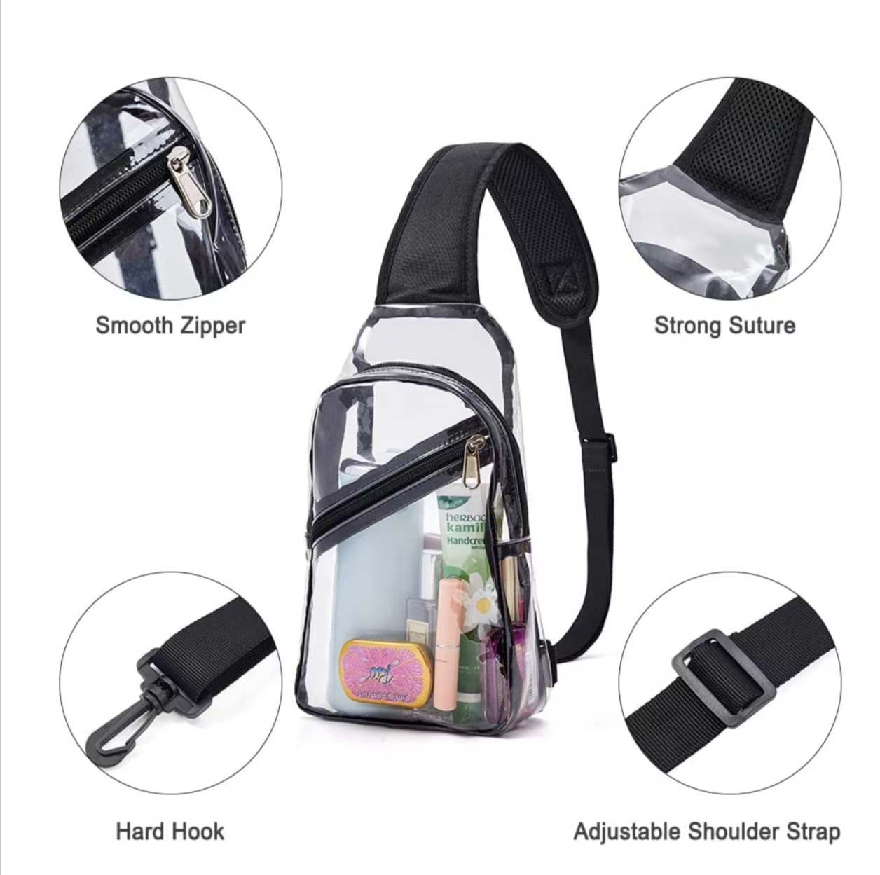 A new cross-border fashion transparent storage bag, a pvc waterproof men's little treasure casual travel single-shoulder crossbody bag details Picture