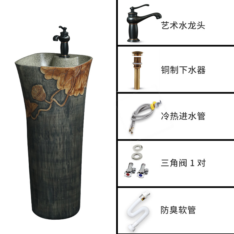 Ceramic one-piece floor-standing column washbasin, retro art, homestay household washbasin, balcony sink column basin Item Picture