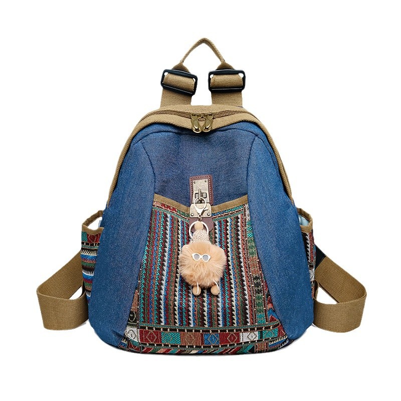 Denim women's backpack, dirt-resistant, large ethnic style, fashionable, casual, versatile, lightweight and durable, dual-purpose mommy bag Item Picture