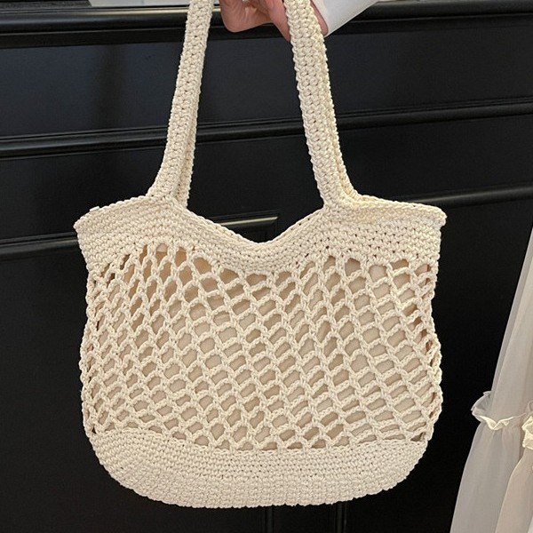 Korean-style ins hollowed-out woven bag, artistic and casual single-shoulder bag, large-capacity cotton thread bag, retro bucket bag, beach bag full figure
