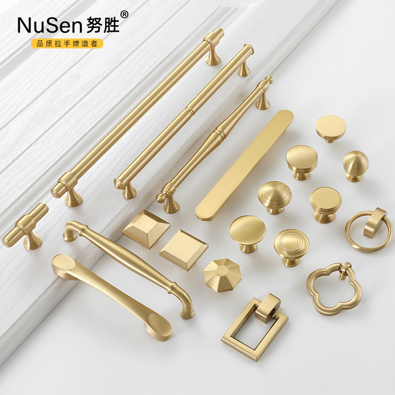 Light luxury brass handle, Nordic new Chinese-style wardrobe door drawer, single hole, modern and simple pure copper cabinet door handle details Picture