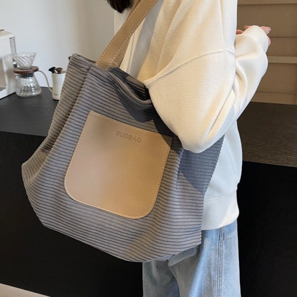 Corduroy single-shoulder bag, color-blocking women's bag, Korean style trendy new single-shoulder bag, large-capacity casual bag, tote bag details Picture