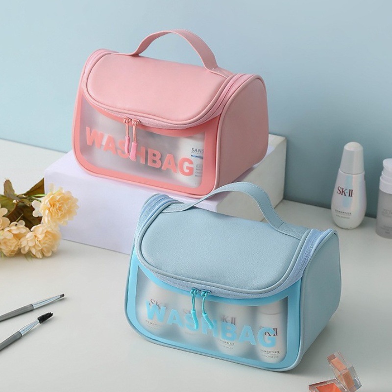 PVC matte cosmetic bag, large-capacity toiletry bag, travel portable hook flip cover cosmetic storage bag, waterproof for women Application Scenario
