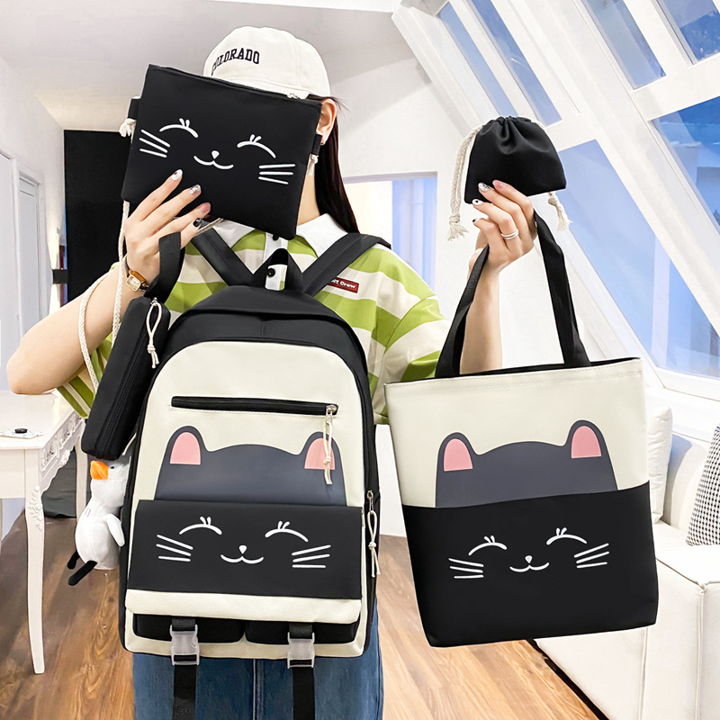 Five-piece set of schoolbag for primary school students, cute cartoon cat backpack for girls, lightweight and large-capacity casual backpack for junior high school students full figure